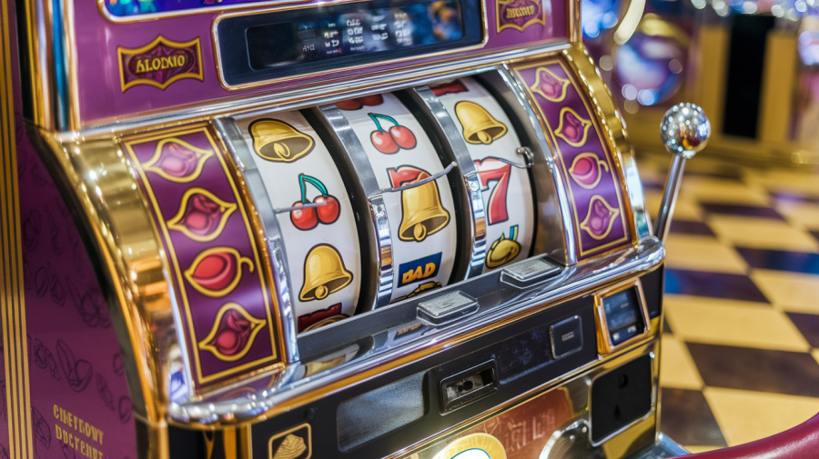 A photo of a casino slot machine by itself. The slot machine has a purple background with gold accents. There are various symbols on the machine, including cherries, bells, and 7s. There is a lever on the side of the machine. The floor around the machine is checkered.