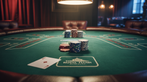 A photograph of a worn, green felt poker table illuminated by a single overhead spotlight. Scattered across the table are a few stacks of colorful poker chips – reds, blues, and whites – and a single playing card face down, revealing only a corner with the 