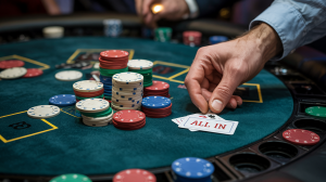 A photograph of a green felt poker table with a scattering of colorful poker chips. The chips are a mix of red, white, and blue, with some stacks neatly organized and others casually dispersed. A single hand is reaching towards the chips, holding 