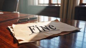 A photograph of a close-up shot of a sheet of textured parchment paper resting on a polished mahogany office desk. The words 