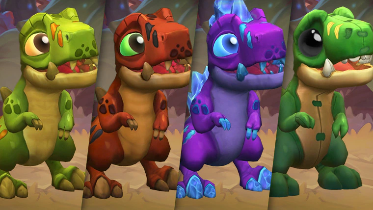 Four colorful cartoon-style dinosaur pets from Hearthstone, each with distinct color schemes including green, red, purple with crystals, and dark green with black eyes.