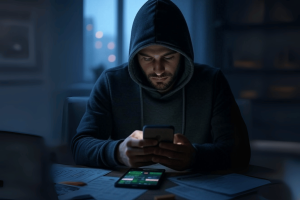 BGC warns gambling tax hikes drive punters to black market. Hooded figure using online betting app in the dark