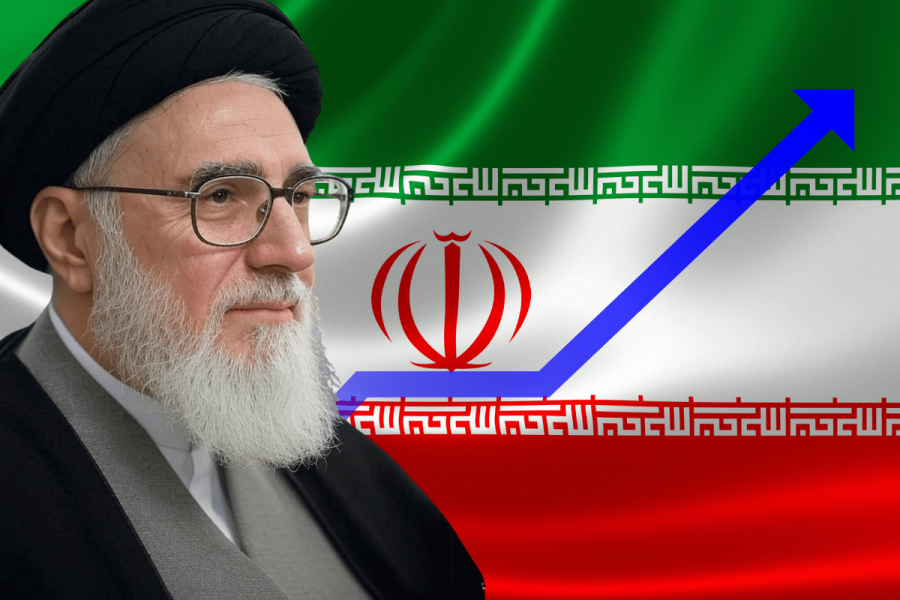Betting surges on Khamenei exit amid rising Iran and Israel tensions. Ayatollah Khamenei is shown in front of the Iranian flag. An upward-pointing blue arrow is superimposed over the flag, suggesting a rise or increase.