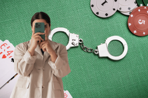 Brazilian influencer 'Tigrinho Muse' arrested in ongoing illegal gambling probe. A woman taking a selfie with a smartphone stands in front of a background featuring handcuffs, poker chips, and playing cards on a green casino table, symbolizing the arrest of a social media influencer involved in illegal gambling.