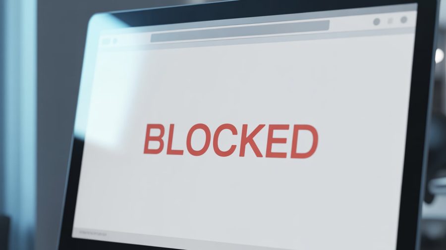Record number of illegal gambling sites blocked by Danish Gambling Authority. A photograph of a computer screen displaying a stark white digital page, dominating the frame. Prominently centered on the screen, the words "BLOCKED" appear in bold, sans-serif red text. The screen itself has a slight reflective quality, hinting at a modern office environment, and is angled slightly to the left. Soft ambient lighting illuminates the scene, creating subtle shadows and highlighting the digital message.