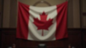 A Canadian flag draped in a court room environment