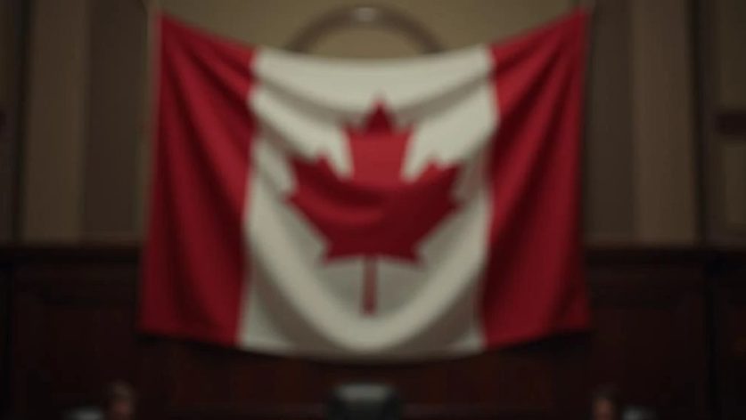 A Canadian flag draped in a court room environment