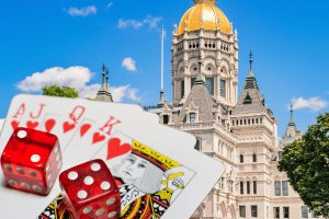 Connecticut House passes online gambling reform bill limiting ads. A photo of the Connecticut State Capitol building with a golden dome under a blue sky, overlaid with playing cards, red dice, and gambling imagery, representing new legislation on online gambling reform in Connecticut.