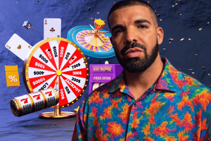 Drake loses $8M exposing problem with celebrities promoting gambling. Drake standing in front of colorful gambling graphics, including a spinning prize wheel, playing cards, slot machine, and roulette, representing his association with online betting.