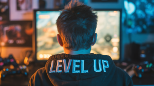 A cinematic portrait photograph capturing the back of a young gamer intensely focused on a brightly lit monitor. He has short, spiky dark hair and wears a black hoodie with 