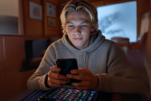 Gambling addiction in Norway sees young people turning to helpline. AI image of young Norwegian person on smartphone playing online casino