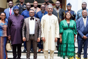 Ghana launches gaming commission board to strengthen regulation. Group photo of Interior Minister Muntaka Mohammed-Mubarak and members of the newly inaugurated Gaming Commission Governing Board, standing on steps outside a government building.