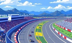 A pixelated NASCAR racetrack