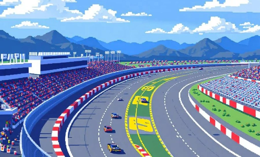 A pixelated NASCAR racetrack