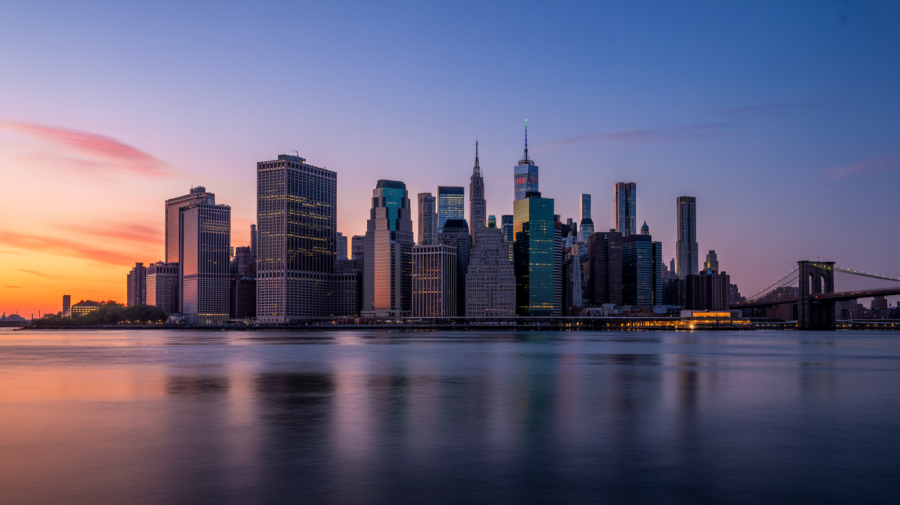 A photograph of the iconic Manhattan skyline at twilight, bathed in the soft glow of the setting sun. The towering skyscrapers, including the Empire State Building and One World Trade Center, are silhouetted against a vibrant orange and purple sky, their illuminated windows creating a dazzling display. A calm, dark blue river reflects the city lights, creating a mirror-like effect, with a few distant boats gently moving along the water. The scene is framed by the Brooklyn Bridge, its elegant arches adding a touch of timeless beauty to the dynamic urban landscape.