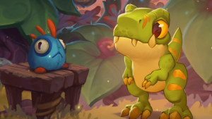Hearthstone player warns NZ MP about Blizzard’s alleged 'pet gambling' feature. Cartoon-style image from Hearthstone featuring a small green dinosaur pet facing a round blue creature with red antennae, set in a colorful jungle environment.
