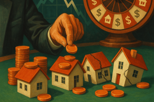 A person at a poker table placing chips on miniature houses, with financial charts in the background. One house is cracked or tilting, suggesting a potential crash. A roulette wheel behind them has icons of homes, interest rates, and dollar signs instead of numbers. How to short the housing market why experts say it may not always be the best bet