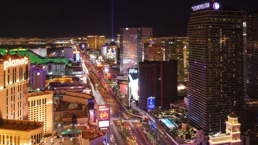 Las Vegas Strip, Cosmopolitan Hotel, Planet Hollywood Hotel and Casino, Luxor and MGM Grand at night