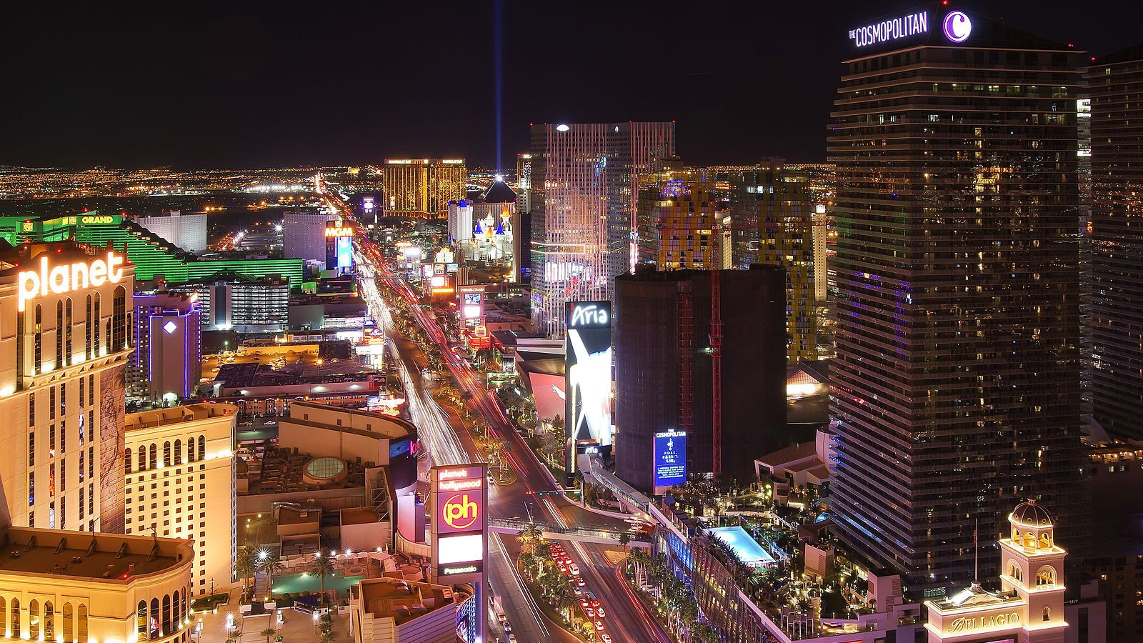 Las Vegas Strip, Cosmopolitan Hotel, Planet Hollywood Hotel and Casino, Luxor and MGM Grand at night