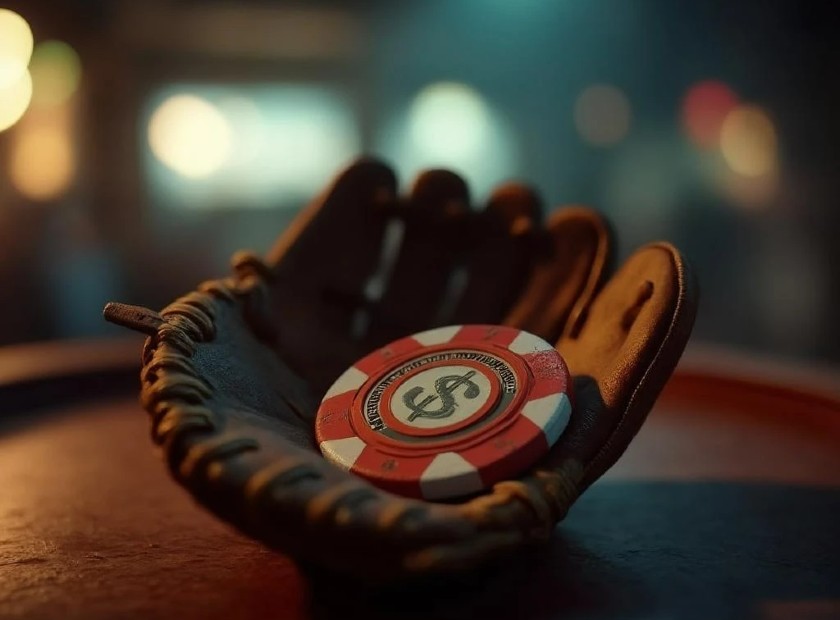 A baseball glove with a poker chip