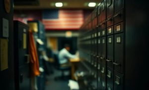 A room littered with notes and filing cabinets, a man sits in the background barely visible and out of focus
