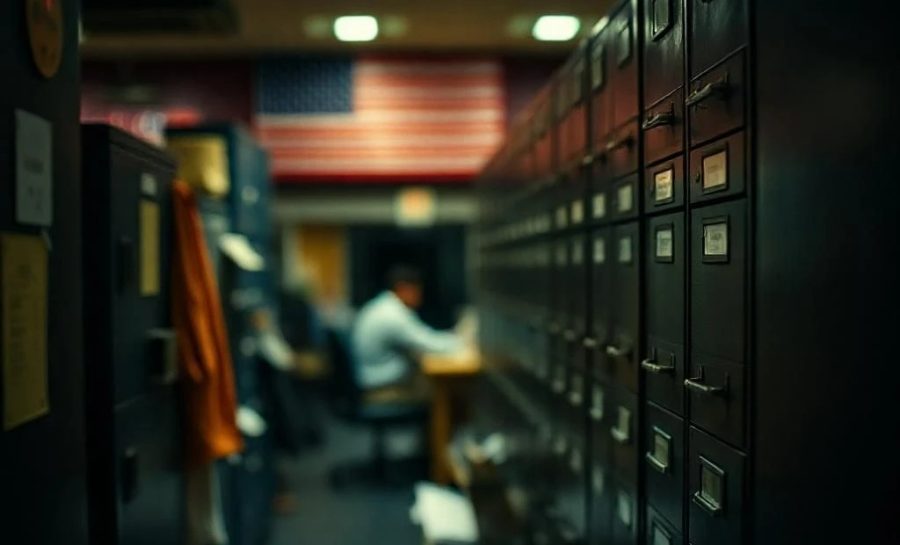 A room littered with notes and filing cabinets, a man sits in the background barely visible and out of focus