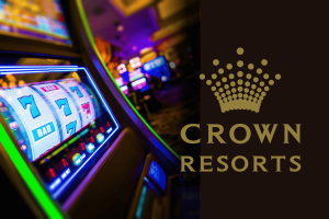 NSW blocks Crown Sydney from operating poker machines. Slot machine displaying triple sevens on the left, with a blurred casino background. On the right, the Crown Resorts logo appears on a dark background.