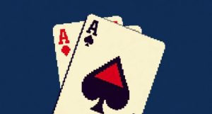 Pixelated poker cards on a blue background