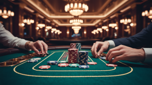 A photograph of the plush interior of a high-stakes casino, focusing on a felt-covered poker table. Scattered across the green felt are stacks of vibrant poker chips in various denominations and two hands engaged in a tense game. Soft, warm light emanates from ornate chandeliers above, reflecting off the polished wood and creating long shadows that accentuate the luxurious atmosphere and adding depth to the scene.