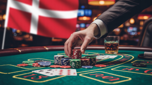 A photograph of a casino table featuring a green felt surface scattered with poker chips and playing cards. A single hand reaches out, holding a stack of chips, while the "Denmark" flag is subtly blurred in the background. The table is bathed in the warm glow of overhead casino lighting, creating dramatic shadows and emphasizing the texture of the felt and chips. A half-empty glass of amber liquid sits near the edge, suggesting a long night of play.
