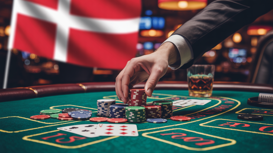 A photograph of a casino table featuring a green felt surface scattered with poker chips and playing cards. A single hand reaches out, holding a stack of chips, while the "Denmark" flag is subtly blurred in the background. The table is bathed in the warm glow of overhead casino lighting, creating dramatic shadows and emphasizing the texture of the felt and chips. A half-empty glass of amber liquid sits near the edge, suggesting a long night of play.