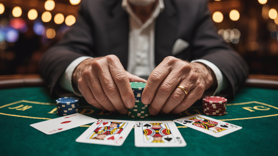 A photograph of an elderly man’s weathered hands gripping poker chips across a green felt poker table. The man’s hands are adorned with a simple gold wedding band and show signs of age with prominent veins and slight tremors. Scattered around the chips are several playing cards, including a Queen of Hearts and a Jack of Spades, indicating a tense moment in the game. The background is subtly blurred, hinting at the bustling atmosphere of a dimly lit casino with soft, warm light illuminating the scene.