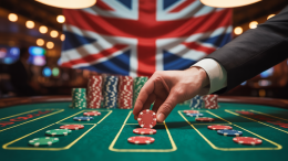 A photograph of a casino table, meticulously arranged with a green felt surface and stacks of colorful poker chips. A British flag is subtly draped in the background, partially visible behind the table's edge. The foreground features a hand reaching out to place a single red chip onto the table, illuminated by soft overhead lighting and creating a dynamic interplay of light and shadow. The scene conveys a sense of high-stakes excitement, enhanced by the blurred background hinting at a bustling casino atmosphere.