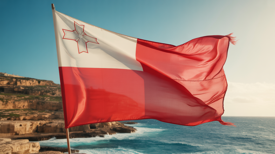 A dramatic, windswept photograph captures the vibrant “Malta flag” rippling powerfully against a clear, azure sky. The flag’s white Maltese cross and red field are taut and flowing, catching the sunlight and creating dynamic shadows. Below, the rocky coastline of Malta is visible, textured with rough stone and crashing turquoise waves. Soft, golden light illuminates the scene, highlighting the flag’s rich colors and emphasizing its symbolic importance.