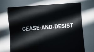 A photograph of a stark black sheet of paper, dominating the frame with a palpable sense of finality. Centered precisely on the paper is the phrase "cease-and-desist" printed in a crisp, bold white font. The edges of the paper are slightly uneven, hinting at a hurried creation, while subtle shadows play across the surface, revealing a slight texture. A soft, diffused light illuminates the scene, highlighting the contrast between the dark paper and the stark white lettering. Arizona Department of Gaming issues cease-and-desists to multiple gambling operators