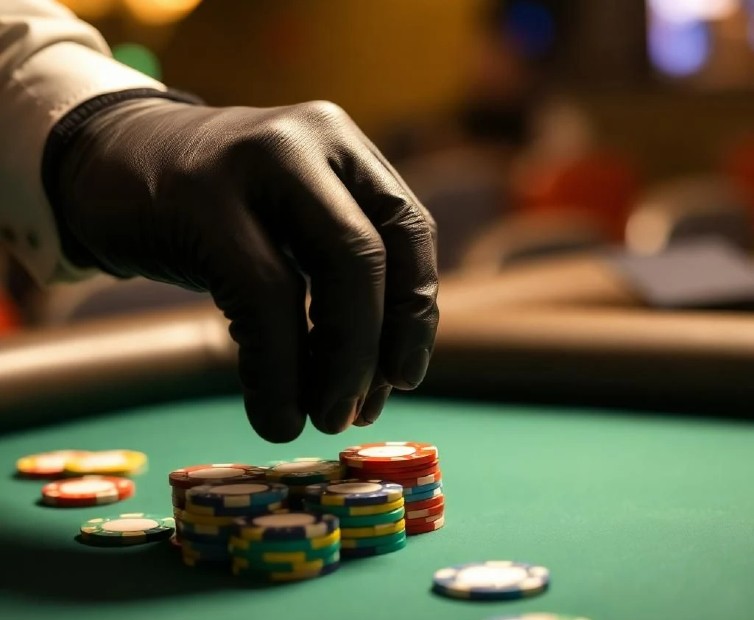 A black gloved hand places chips on a poker table