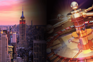 SGLA challenges New York’s ban on online sweepstakes casinos. New York cityscape next to image of Russian Roulette