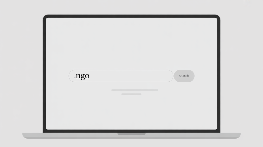 A minimalist search interface on a laptop screen, displaying a clean white background with a prominent search bar spanning the top, inviting user input. The search bar text reads ".ngo" in a simple, elegant sans-serif font, subtly suggesting a focus on non-governmental organizations. Below the search bar, a subtle gray line indicates the active search area, with a minimalist gray "Search" button on the right edge of the bar. The overall aesthetic is clean and understated, using a grayscale color palette and subtle shadows to create depth, with a focus on usability and intuitive navigation.