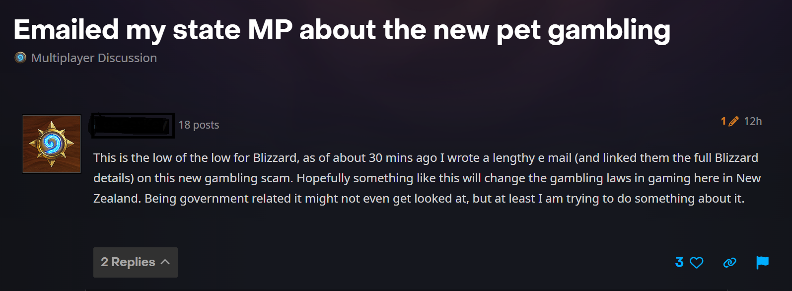 Screenshot of a Hearthstone forum post titled 