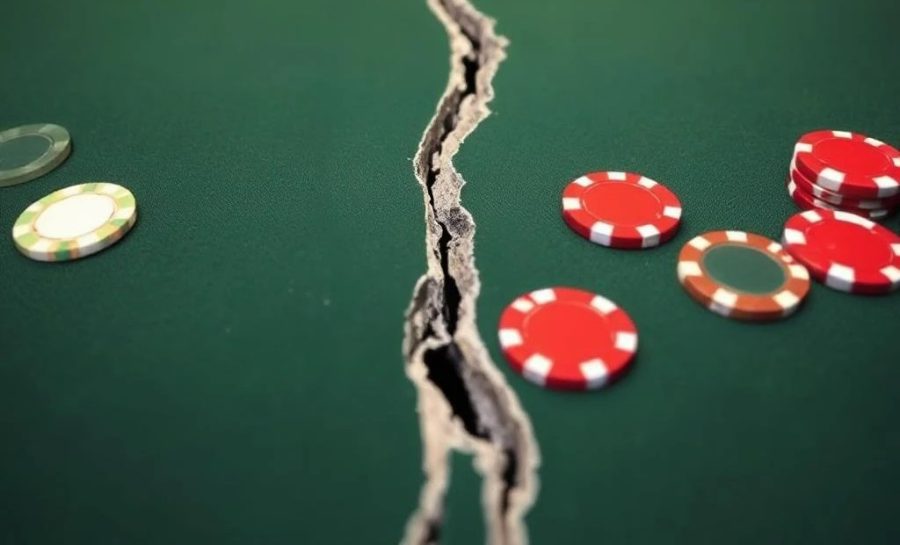 A casino table is ripped in two amongst poker chips