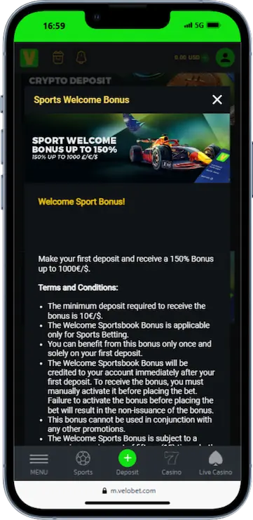Velobet Sports Welcome Bonus
