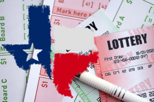 Texas shuts down Lottery Commission, transferring duties to licensing department. Texas flag in the shape of state superimposed on top of image of lottery tickets