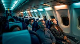 A photograph capturing a close-up view of the interior of an airplane cabin during nighttime. Several passengers are asleep in their reclining seats, illuminated by the soft glow of overhead reading lights. A middle-aged man with graying hair is resting his head against the window, while a young woman with headphones around her neck is curled up with a blanket draped over her. The cabin is dimly lit, with a sense of quiet tranquility as passengers dream amidst the subtle hum of the aircraft.