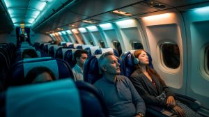 A photograph capturing a close-up view of the interior of an airplane cabin during nighttime. Several passengers are asleep in their reclining seats, illuminated by the soft glow of overhead reading lights. A middle-aged man with graying hair is resting his head against the window, while a young woman with headphones around her neck is curled up with a blanket draped over her. The cabin is dimly lit, with a sense of quiet tranquility as passengers dream amidst the subtle hum of the aircraft.