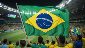 AI image to depict a Brazil flag flying in a football stadium / Brazil's Secretariat of Prizes and Betting (SPA) has suspended the operating licenses of four betting companies.