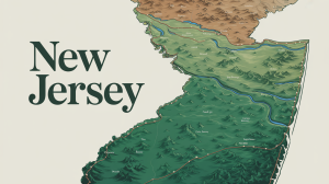 A detailed map illustration focusing on the state of New Jersey within the United States. The state's borders are highlighted in a vibrant green, with the name 