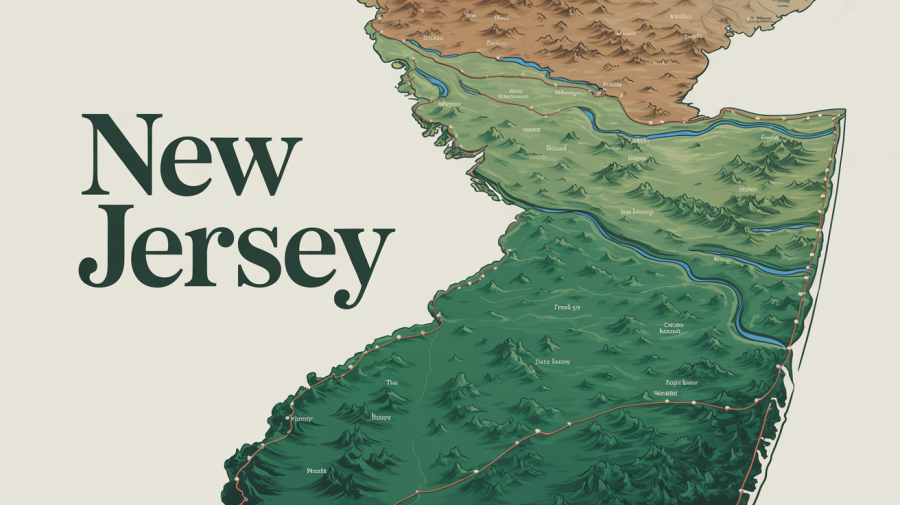 A detailed map illustration focusing on the state of New Jersey within the United States. The state's borders are highlighted in a vibrant green, with the name "NEW JERSEY" displayed in bold, classic serif font near the top. Rolling hills and gentle rivers are depicted in varying shades of brown and blue, with small, stylized towns marked by tiny white dots. The surrounding states are subtly rendered in muted tones, creating a clear contrast and emphasizing New Jersey's unique geographic location.