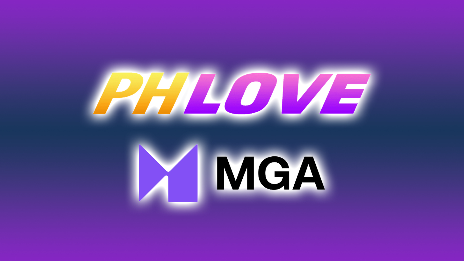 Gráfico mostrando o logotipo PHLove em letras amarelas e rosa brilhantes acima do logotipo MGA em um fundo gradiente roxo e azul.