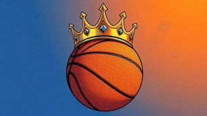 NBA basketball with a crown on a blue and orange background