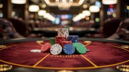 A photograph of a mahogany poker table, focused on the center where a pile of colorful poker chips are neatly stacked. The chips include red, white, blue, and green denominations, with a single "JACKPOT" chip resting on top. Soft, diffused lighting illuminates the table from above, highlighting the felt texture and creating subtle reflections on the chips, while a blurred background suggests a dimly lit, upscale casino atmosphere. The scene evokes a sense of anticipation and high stakes.
